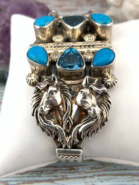 Horse Navajo Native American 925 Silver Turquoise Blue Topaz Running Bear J1424